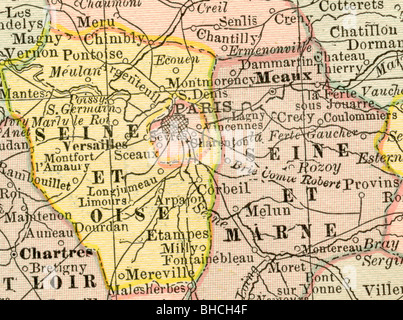 Original old map of Paris region from 1884 geography textbook Stock Photo