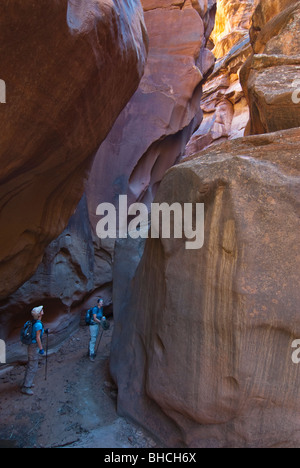 USA, Utah, Vermilion Cliffs NM, Paria Canyon-Vermilion Cliffs Wilderness. Female hikers in Buckskin Gulch,s deepest and longest Stock Photo