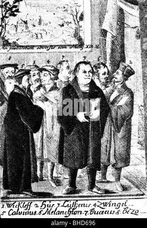 events, reformation, leading reformers: John Wicliff (1), Jan Hus (2), Martin Luther (3), Huldrych Zwingli (4), John Calvin (5), Philipp Melanchton (6), Martin Bucer (7), Theodore Beza (8), copper engraving, 17th century, historic, historical, Wyclif, Bucerus, de Beze, Protestants, Lutheran, calvinists, huguenots, evangelic, religion, Germany, France, Switzerland, Bohemia, England, clergymen, preachers, people, Stock Photo