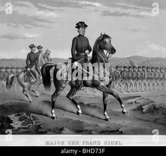 Major General Franz Sigel, full-length portrait riding on horseback with troops marching in formation. USA Civil War Stock Photo