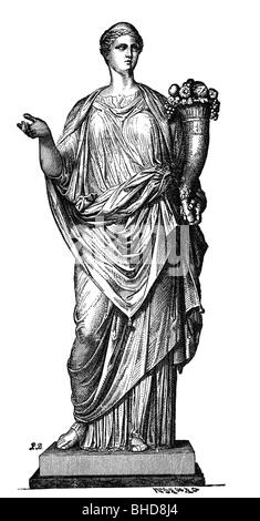 Fortuna, Roman goddess of fortune, personification of luck, full length, in Roman female dress, after ancient statue, wood engraving, 19th century, Stock Photo