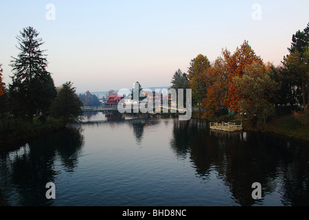 Bosnia, Bihac, Una river, lake, spring, autumn, colors, colorful, reflections, water, trees, flowers, bloom, fall, green, plant, Stock Photo