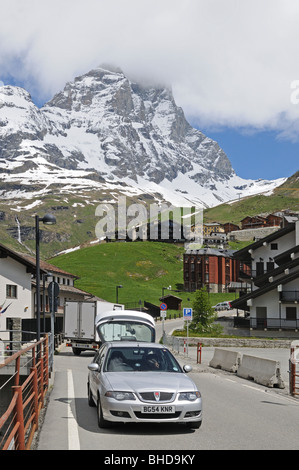 Silver Rover 45 hatchback parked in village of Breuil Cervinia at foot of Matterhorn or Il Cerviano Italy Stock Photo