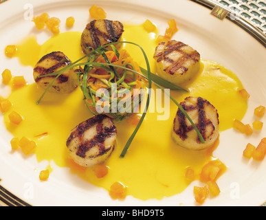 Fresh grilled scallops with vegetables, Iceland Stock Photo