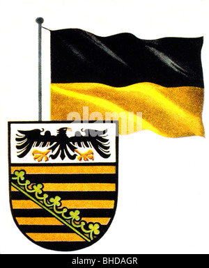 heraldry, coat of arms, Germany, Prussia, Province of Saxony (1815 - 1945), flag and coat of arms, black, gold, golden, shield, escutcheon, eagle, historic, historical, 20th century, Stock Photo