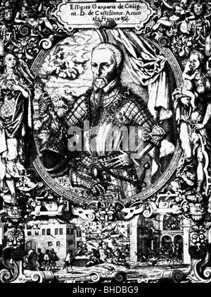 Coligny, Gaspard II de, Lord of Chatillion, 16.2.1519 - 24.8.1572, French politician, Admiral of France 1552 - 1572, half length, allegorie on his death in the St. Bartolomew's Day massacre, copper engraving by Jost Amman, 16th century,  , Artist's Copyright has not to be cleared Stock Photo