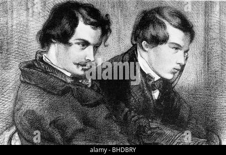 Goncourt, Edmond de, 26.5.1822 - 16.7.1896, French author / writer, portrait with his brother Jules, lithograph by Gavarni, Stock Photo