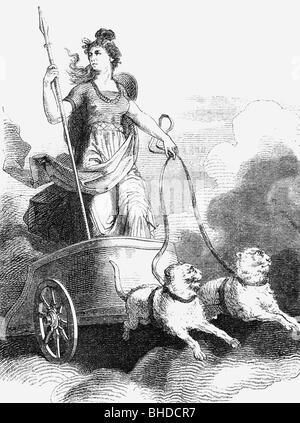 Freyja, Germanic goddess of love and fertility, on a chariot drawn by lions, wood engraving, 19th century, Stock Photo