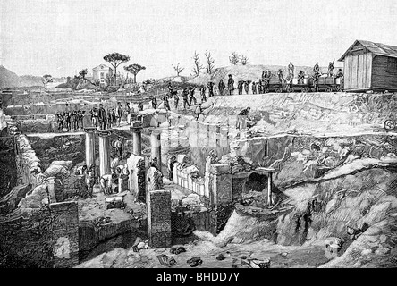 geography / travel, Italy, Pompeii, excavation site, wood engraving, 19th century, historic, historical, destroyed 79 AD, Roman Empire, antiquity, ancient times, ancient world, building, buildings, architecture, archeology, archaeology, excavation site, Campania (Italian region), Southern Europe, UNESCO World Cultural Heritage Site / Sites, ruin, ruins, archeology, archaeology, people, Stock Photo