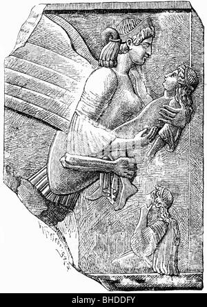 harpies, Greek mythical creatures (half woman, half bird), harpy with prey, wood engraving, 19th century, after ancient relief, Stock Photo