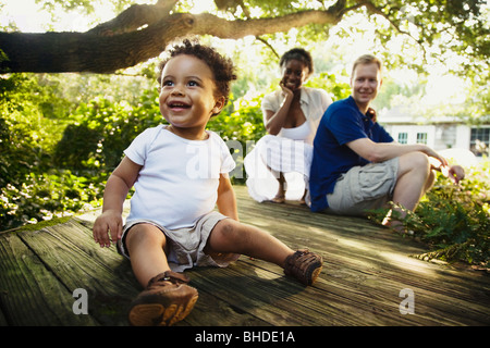 Multi-ethnic family enjoying garden Stock Photo