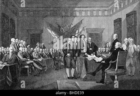 geography / travel, politics, American Revolutionary War 1775 - 1783, signing the Declaration of Independence, Philadelphia, 4.7.1776, wood engraving after painting by John Trumbull, 19th century, 18th century, USA, historic, historical, people, Stock Photo