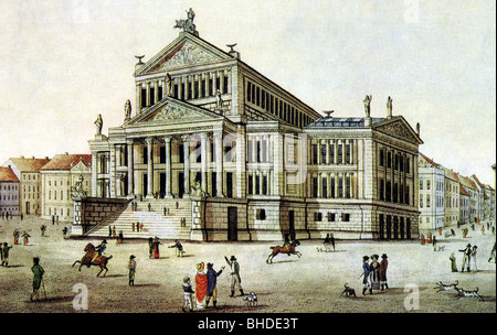 geography / travel, Germany, Berlin, theater, built by Karl Friedrich Schinkel, etching by F.A. Schmidt, after drawing by F.A.H. Forst, circa 1825, Stock Photo