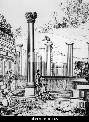 geography / travel, Italy, Pompeii, excavations, recovering the Alexander mosaic in Casa del Fauno, 1831/1832, after drawing by A. Niccolini, Stock Photo