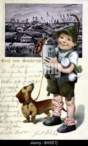 geography / travel, Germany, Munich, Oktoberfest, boy in leather trousers, with stein and dachshund, picture postcard, 1901, Stock Photo