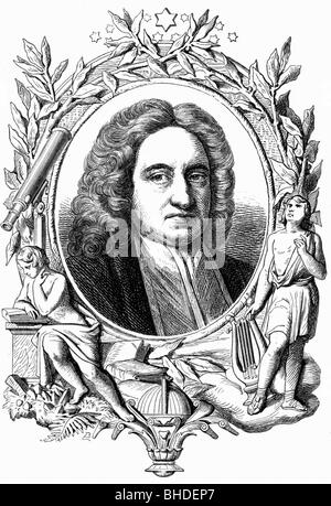 Halley, Edmund, 29.10.1656 - 14.1.1742, English astronomer, portrait, allegorical illustration, 19th century, Stock Photo