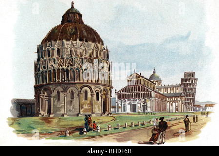 geography / travel, Italy, Pisa, baptistery and Leaning Tower of Pisa, coloured drawing, 19th century, historic, historical, Tuscany, Southern Europe, Schuerer Naehgarn, advertisement, church, churches, sacral, sacred, building, buildings, architecture, Piazza Miracoli, square, squares, cathedral Santa maria Assunta, UNESCO World Cultural Heritage Site / Sites, people, Stock Photo