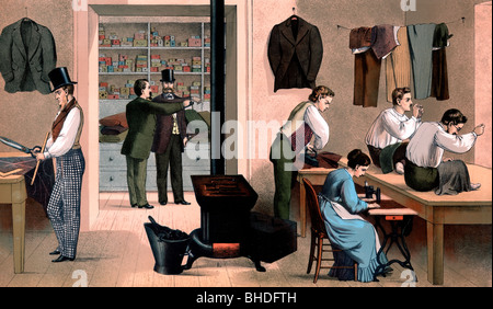 People working in tailor shop, circa 1875 Stock Photo