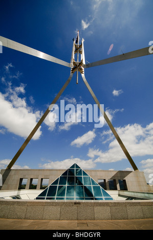 CANBERRA, Australia - Parliament House is the meeting place of the Parliament of Australia. It is located in Canberra, the capital of Australia. It was opened on 9 May 1988 by Queen Elizabeth II, Queen of Australia.[1] Its construction cost was over $1.1 billion. At the time of its construction it was the most expensive building in the Southern Hemisphere. Prior to 1988, the Parliament of Australia met in the Provisional Parliament House, which is now known as 'Old Parliament House'. Stock Photo