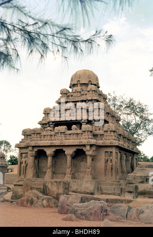 Dharmaraja Ratha- 7th century monolithic rock-cut shrines called the Five Rathas in Mahabalipuam;Mamallapuram; Tamil Nadu. Stock Photo