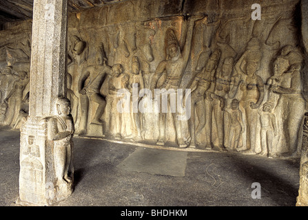 Scenes from Lord Krishna's life  in Krishna Mandapa, Mahabalipuram,Tamil Nadu.Unesco's World Heritage Site.7th century. Stock Photo