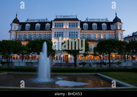 The hotel Ahlbecker Hof in the town of Ahlbeck in evenig light. Baltic Island Usedom, Mecklenburg-Western Pomerania, Germany. Stock Photo