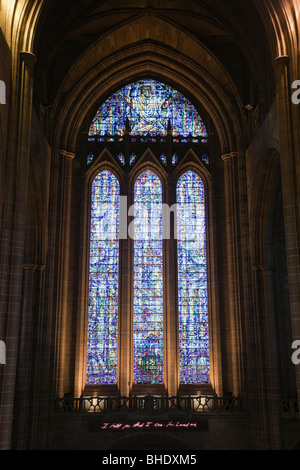 Liverpool, Merseyside, England, UK. Stained glass window in the Anglican Cathedral west porch Stock Photo