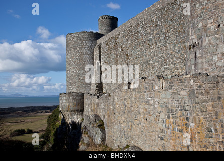 The south side of Harlech Castle overlooking the Irish Sea and the Llyn Peninsula, Gwynedd, Wales Stock Photo