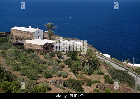 Italy, Sicily, Pantelleria Island, coast, dammuso house with sea Stock Photo
