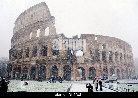 The Colosseum under heavy snow, Rome Italy Stock Photo