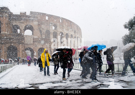 The Colosseum under heavy snow, Rome Italy Stock Photo