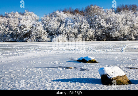 The frozen waters of a small lake known as Liden Lagoon in Swindon, Wiltshire, England, UK taken in January 2010 Stock Photo