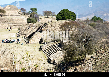 magnificent pyramid structures on east side of Great Plaza seen from South Platform ancient Zapotec City of Monte Alban Oaxaca Stock Photo