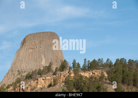 Devils tower in Wyoming against blue sky with trees running along bottom of image Stock Photo