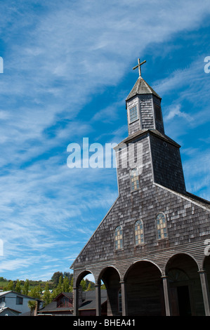Traditional Chiloe Architecture. Church in Achao. Stock Photo