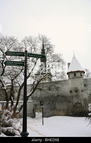 Stone walls and towers in Danish King's Garden, form medieval defences in Toompea district, the old town of Tallinn, Estonia. Stock Photo