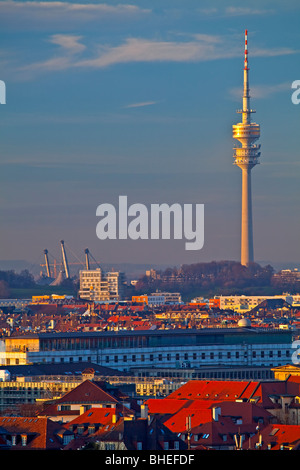 View towards the Olympiaturm (Olympic Tower), City of München (Munich) Bavaria, Germany, Europe. Stock Photo