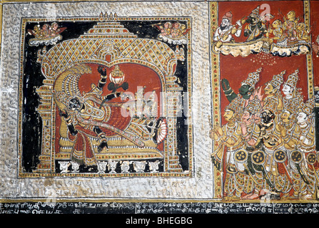 Two hundered year’s old Ramayana murals on the walls in Bodinayakanur Palace near Madurai, Tamil Nadu. Stock Photo