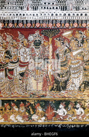 Two hundered year’s old Ramayana murals on the walls in Bodinayakanur Palace near Madurai, Tamil Nadu. Stock Photo