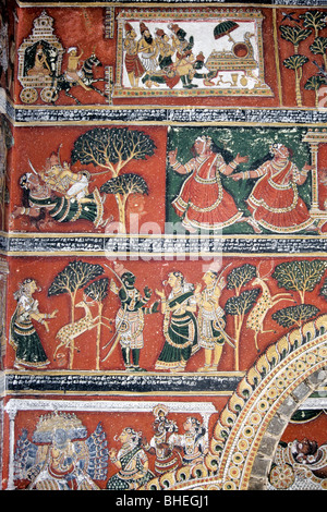 Two hundered year’s old Ramayana murals on the walls in Bodinayakanur Palace near Madurai, Tamil Nadu. Stock Photo