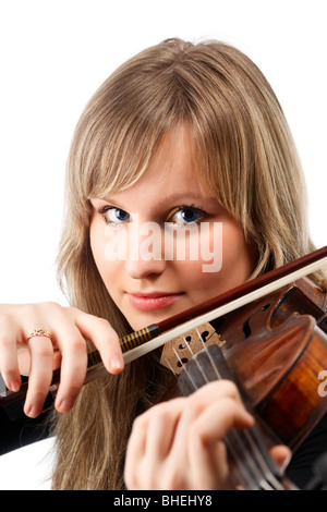 Portrait of young woman violinist. Isolated over white background. Stock Photo