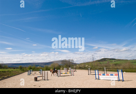 Australian Matt Ryan - Triple Olympic Gold Medallist watching rider over jumps at his equestrian centre near Abergavenny Stock Photo