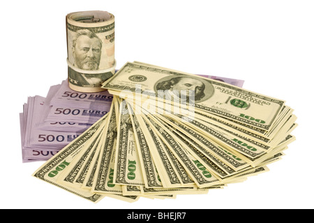 New banknotes of euro and dollars on a white background. Stock Photo
