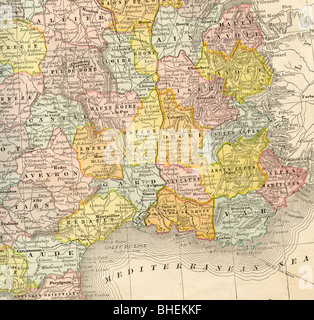 Old map of Southeastern France from original geography textbook, 1884 Stock Photo