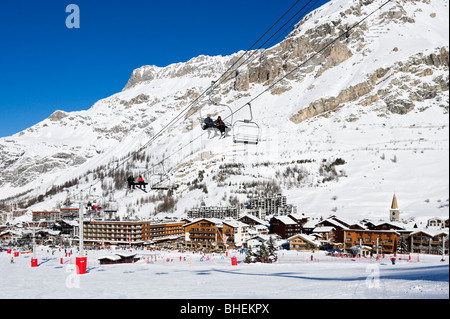 View over the centre of the resort from the slopes, Val d'Isere, Espace Killy, Tarentaise, Savoie, France Stock Photo