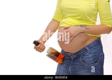 Pregnant woman with alcohol and cigarettes Stock Photo