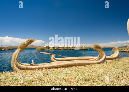 Reed boats moored on the Uros Island of Samary, Uros Islands, Lake Titicaca, Peru Stock Photo