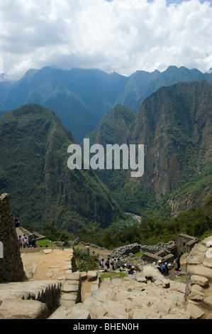 A view looking down towards the Urubamba river from Machu Picchu, Peru Stock Photo
