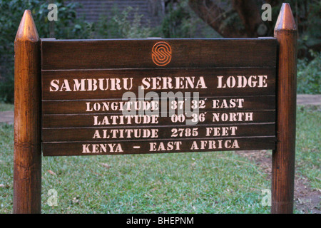 The sign at the entrance to the Serena lodge at Samburu National Reserve, Kenya. Stock Photo