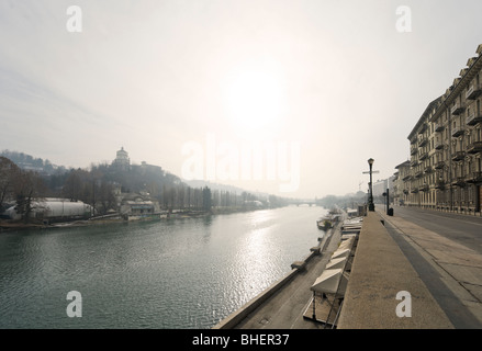 The River Po from the Lungopo Armando Diaz looking towards the Ponte Umberto I, Turin, Piemonte, Italy